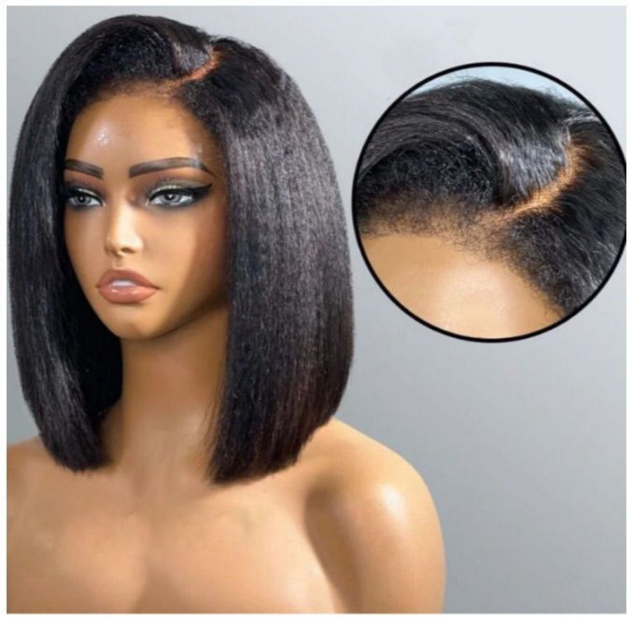 Kinky Straight Bob Human Hair Glueless Wig – 10 Inch, 180% Density, Natural Color